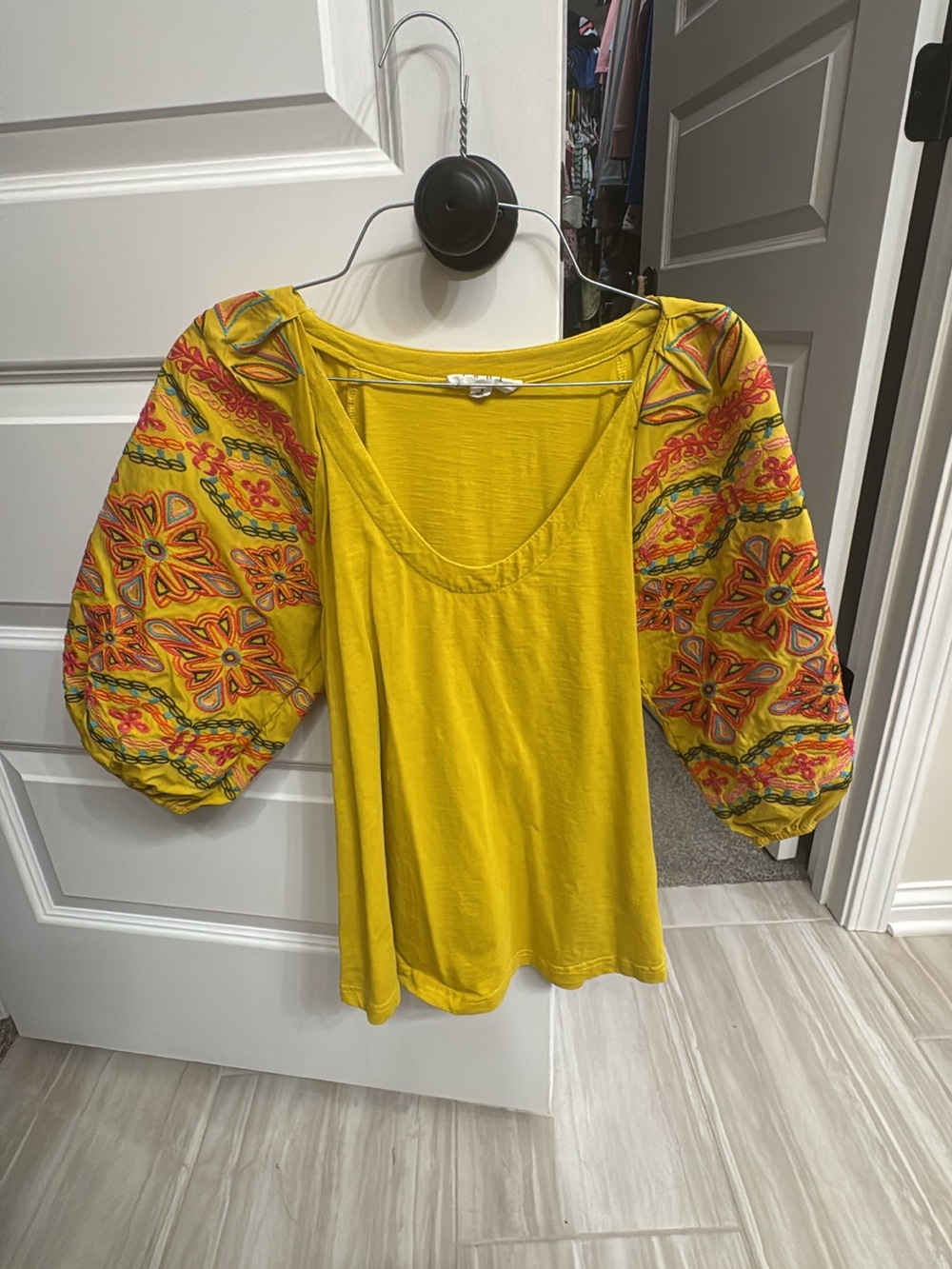 THML Yellow Scoop Neck Top with Embroidered Puff Sleeves